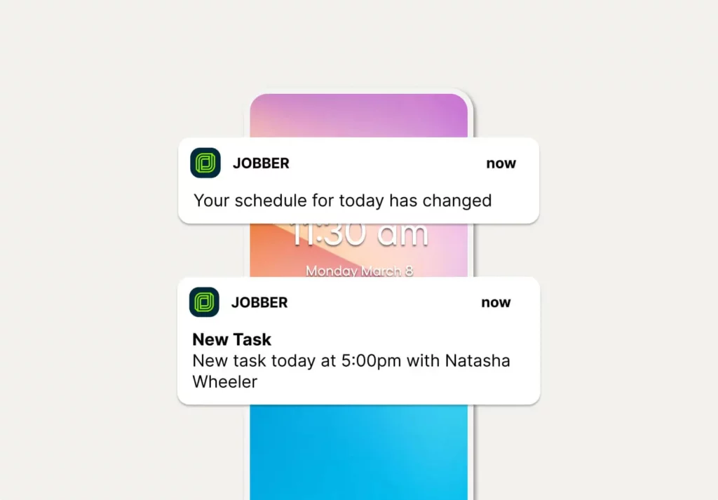 Notifications of a scheduling change and new task from Jobber service scheduling software