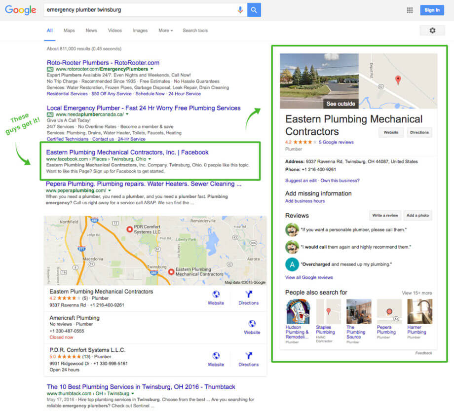 image of local search results on Google for plumbers