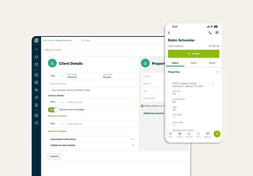 Client details screen in Jobber showing a client’s profile and property details