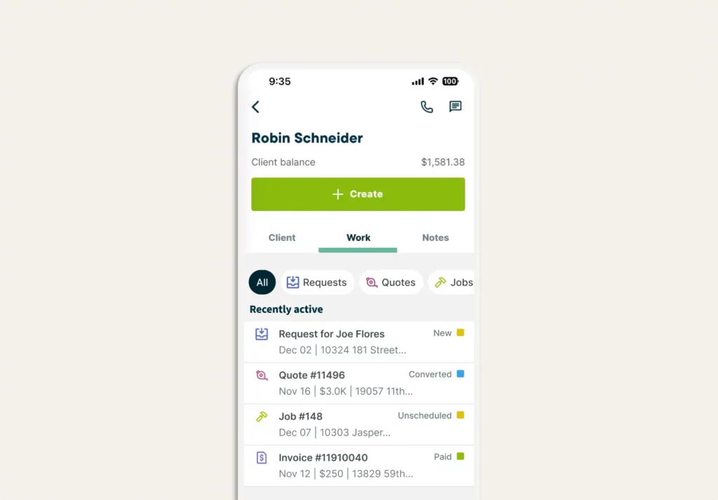 History of a client’s requests, quotes, jobs, and invoices in the Jobber mobile app