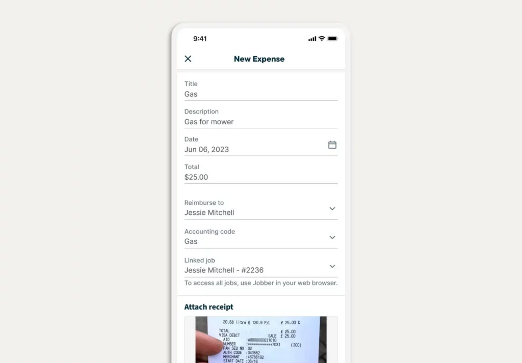 A new expense log in the Jobber mobile app with the date, amount, job, and reimbursement information