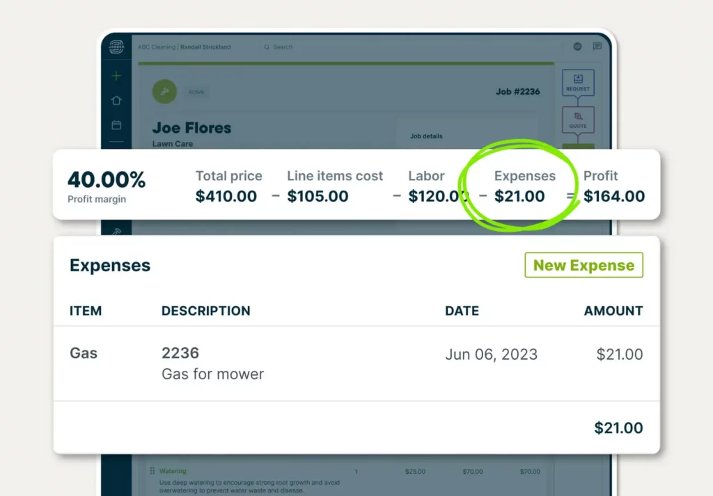 Expense description and job profit bar in Jobber showing job costs on a quote in Jobber