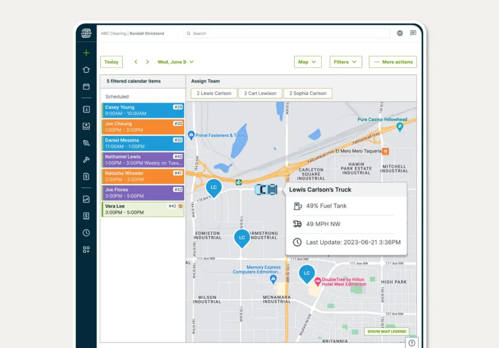 Employee GPS locations shown on a map view in Jobber