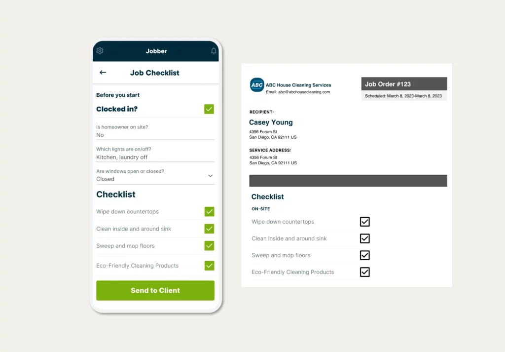 Job checklist with tasks for a cleaning job in the Jobber mobile app next to a printed job order