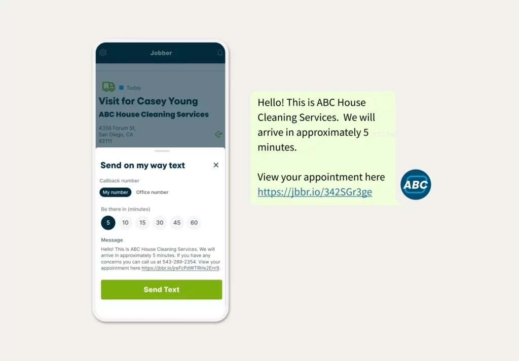 On-my-way text sent from a service provider to a customer through Jobber