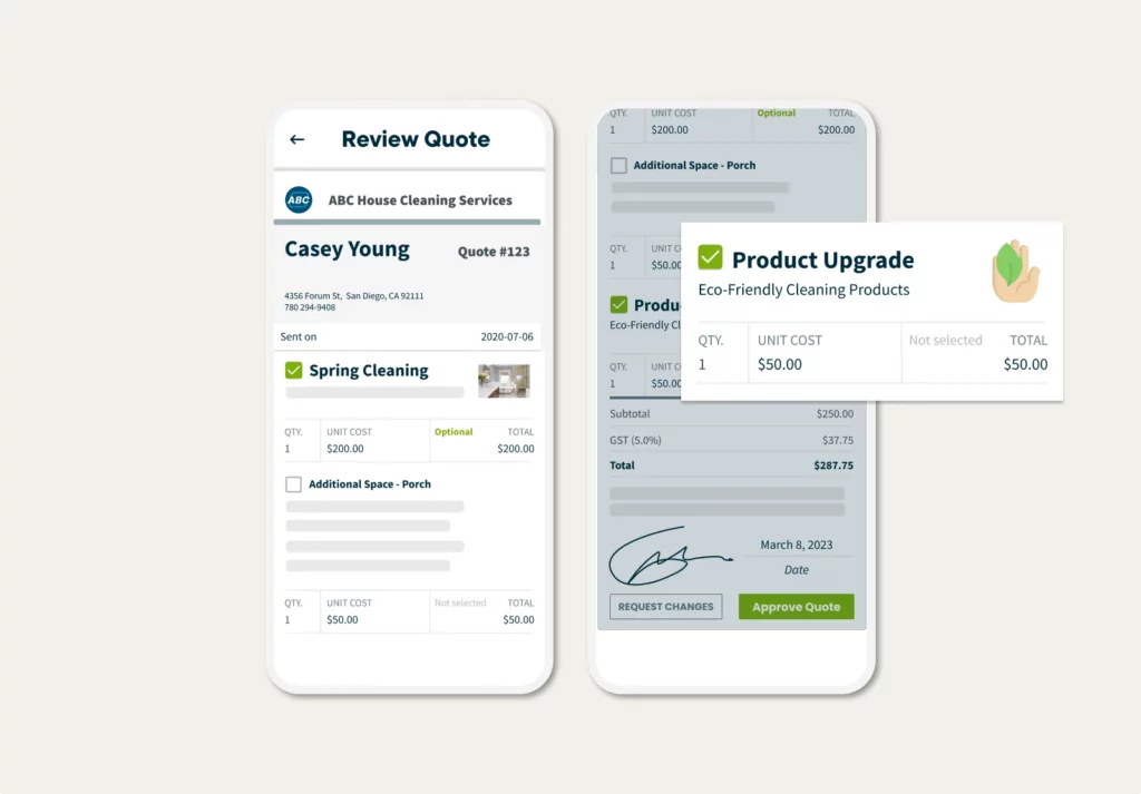 Product upgrade option as an optional line item on a quote in Jobber’s service quote app