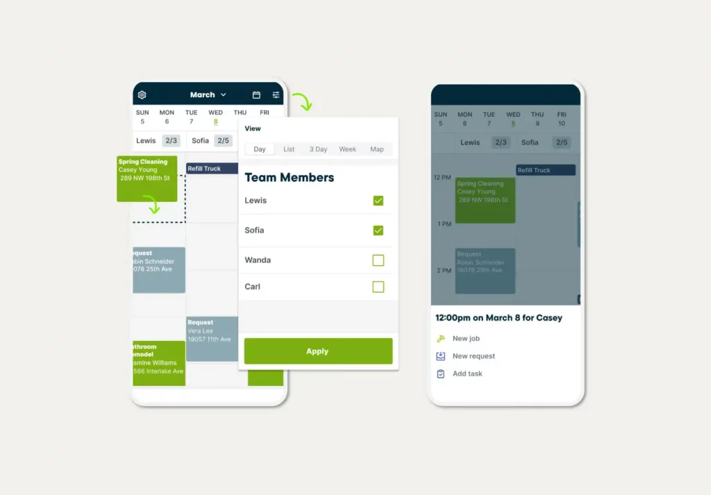 Scheduling in the Jobber mobile app with a weekly calendar view of jobs assigned to specific team members