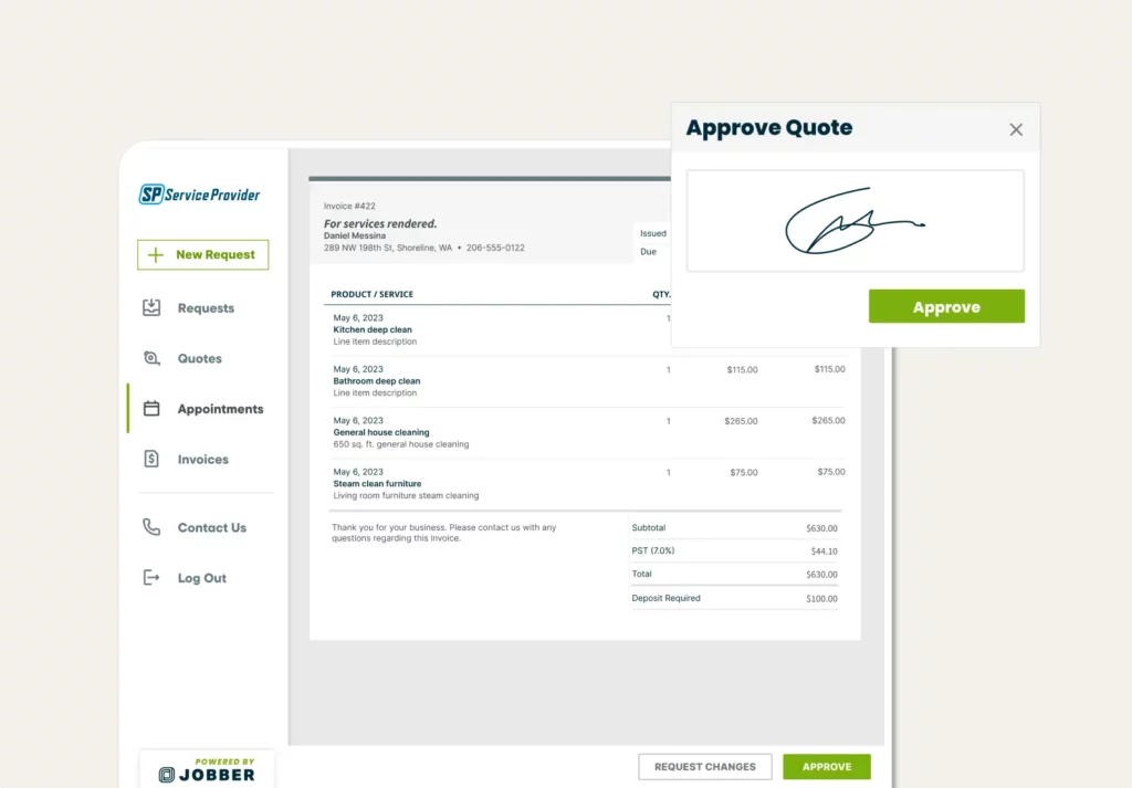 Signature on a quote that’s being approved in Jobber’s client hub