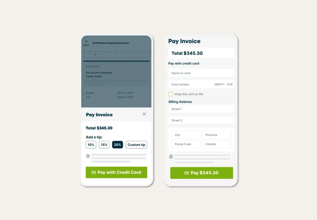 Service invoice being paid with a 20% tip added in client hub through the Jobber mobile app