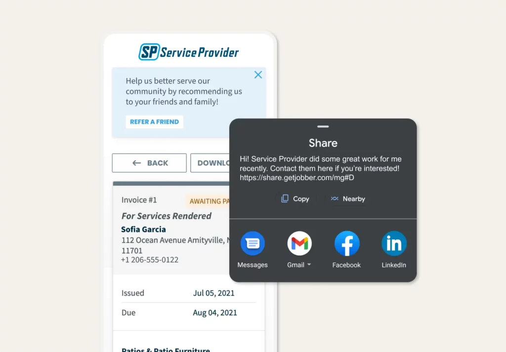 A prompt message in Jobber’s client hub asking a customer to refer the service provider to a friend, showing social media sharing links