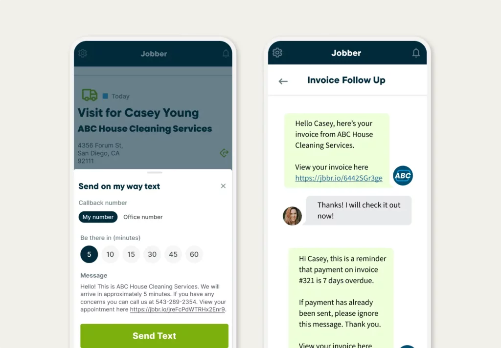 On my way texts and invoice follow-up texts in the Jobber mobile app