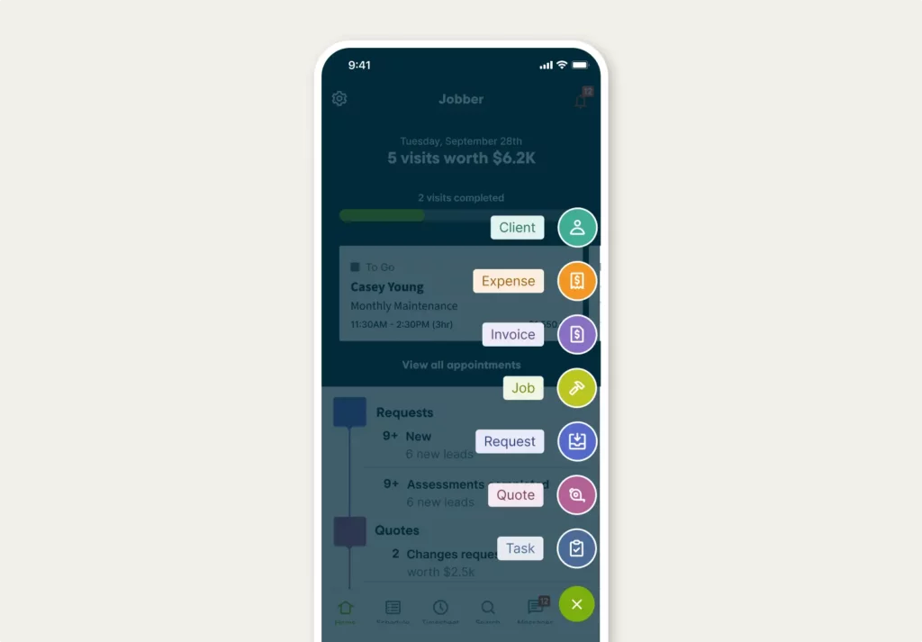 Options to create a quote, invoice, and more in the Jobber mobile app
