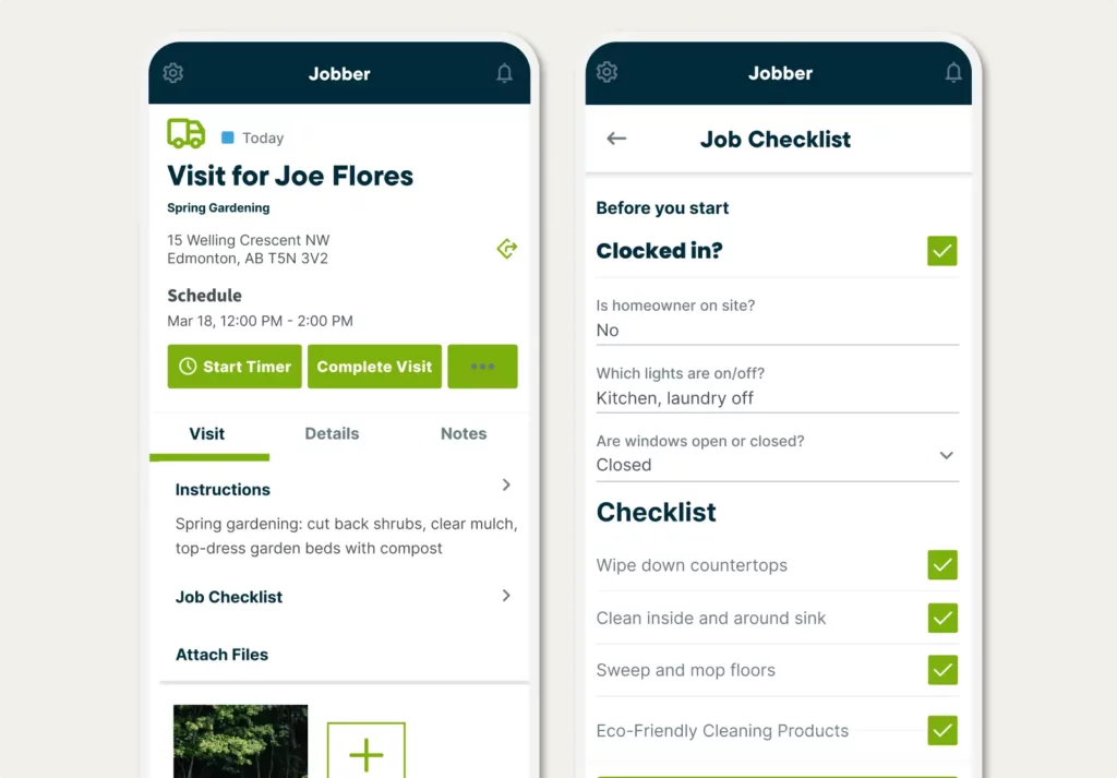 Visit details, instructions, and a job checklist in the Jobber mobile app