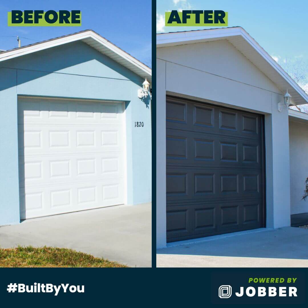 before and after photos of a painted house and garage door