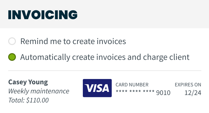 Checked box within Jobber's invoice settings to auto invoice and charge the clients credit card on file.