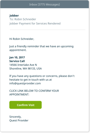 A screenshot of an automated service reminder email in Jobber's commercial cleaning software