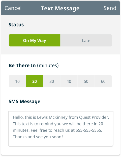 Example of on my way text message with Jobber