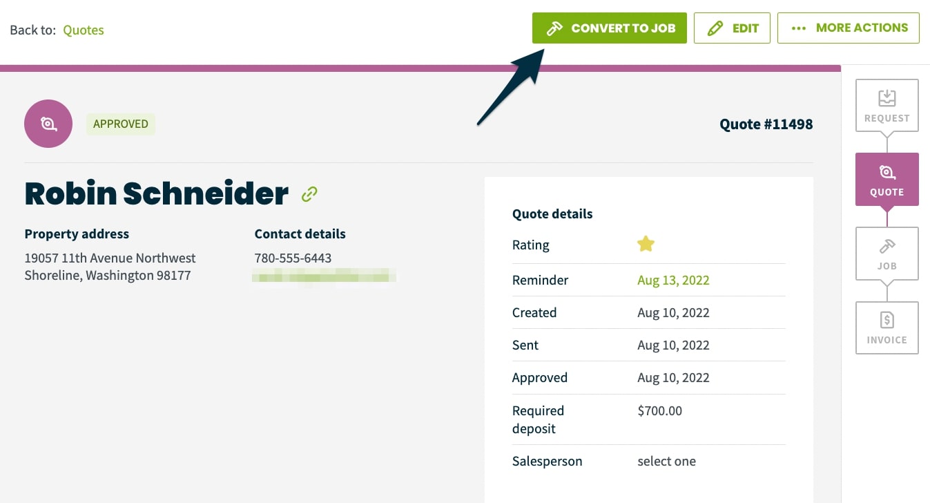 Screenshot showing how to convert a quote to a job in Jobber