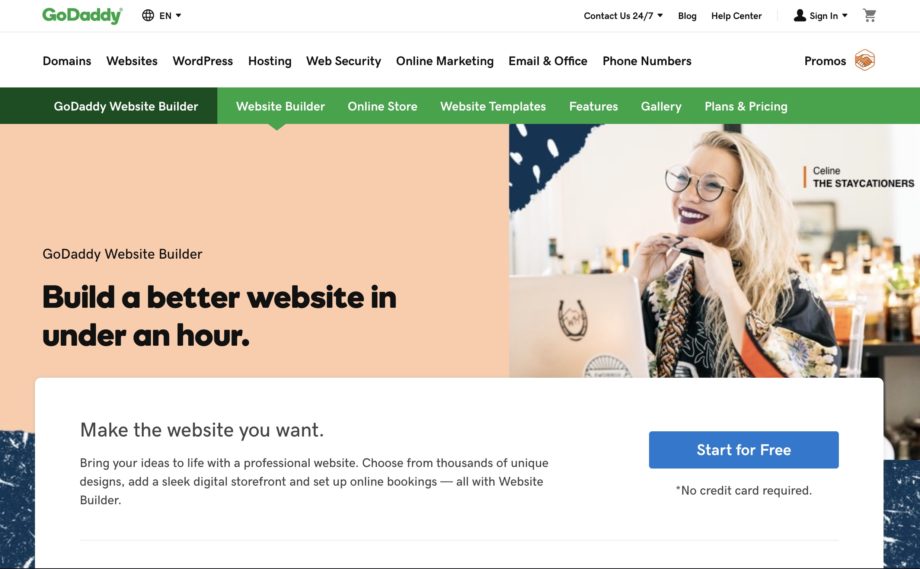 screenshot of GoDaddy website builder home page