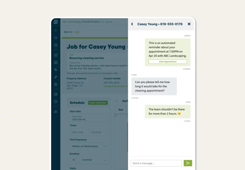Two-way text messaging between a field service business and customer in Jobber