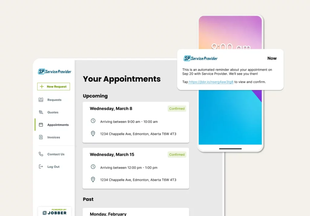 Appointment details in client hub and a visit reminder message sent through the Jobber mobile app