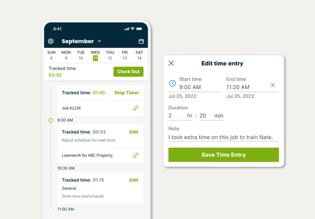 Tracked time logs and a time entry pop-up window in Jobber