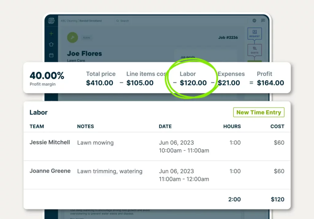 Labor descriptions and a job profit bar showing labor costs on a quote in Jobber