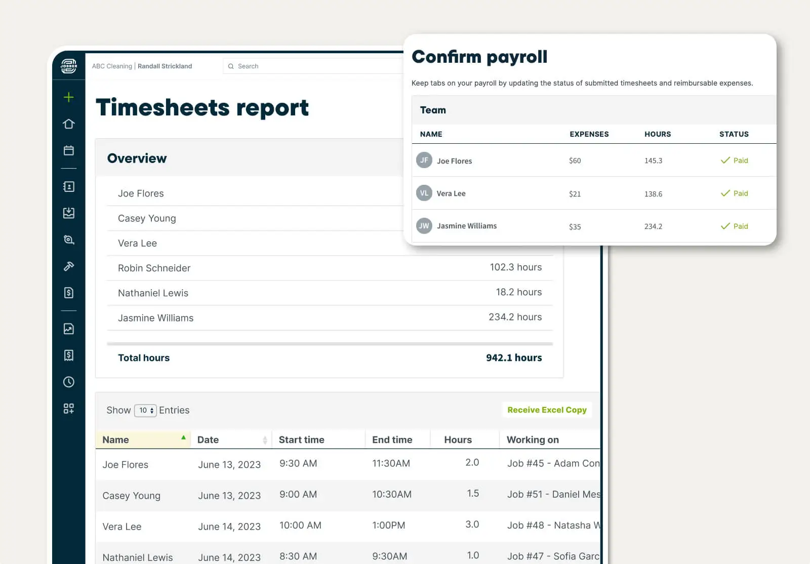 Timesheets report in Jobber with employee names, hours, and job information