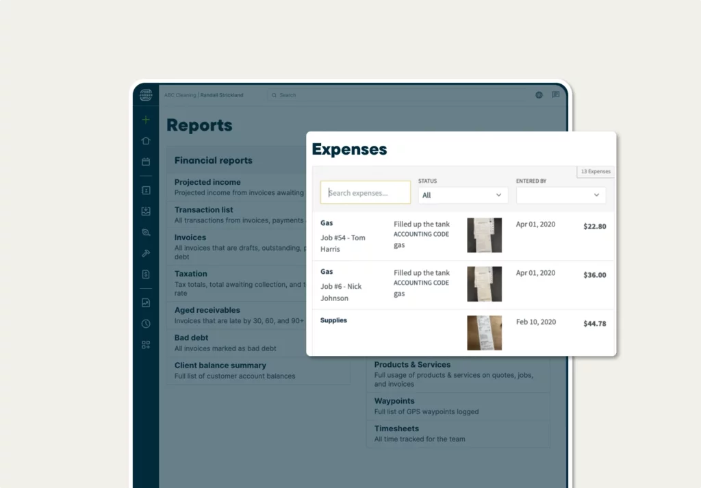 Expense report in Jobber showing expense details and uploaded receipt images