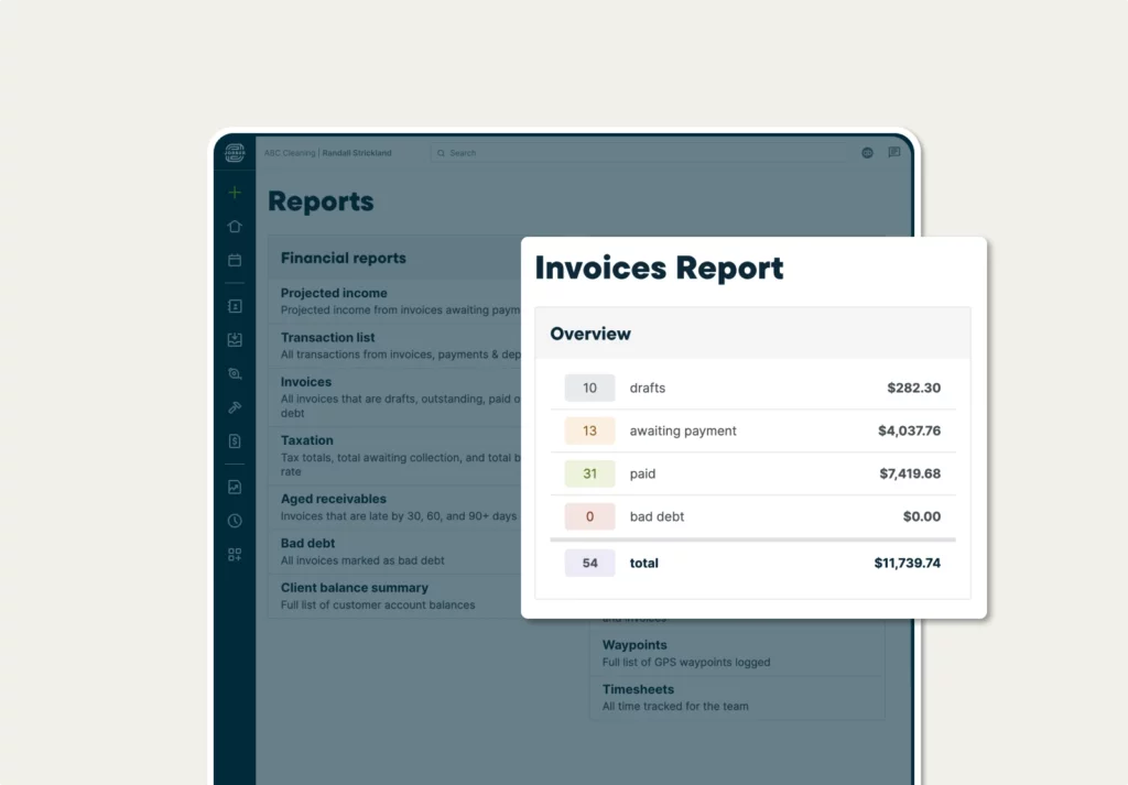 An invoices report in Jobber showing invoice balances at all stages