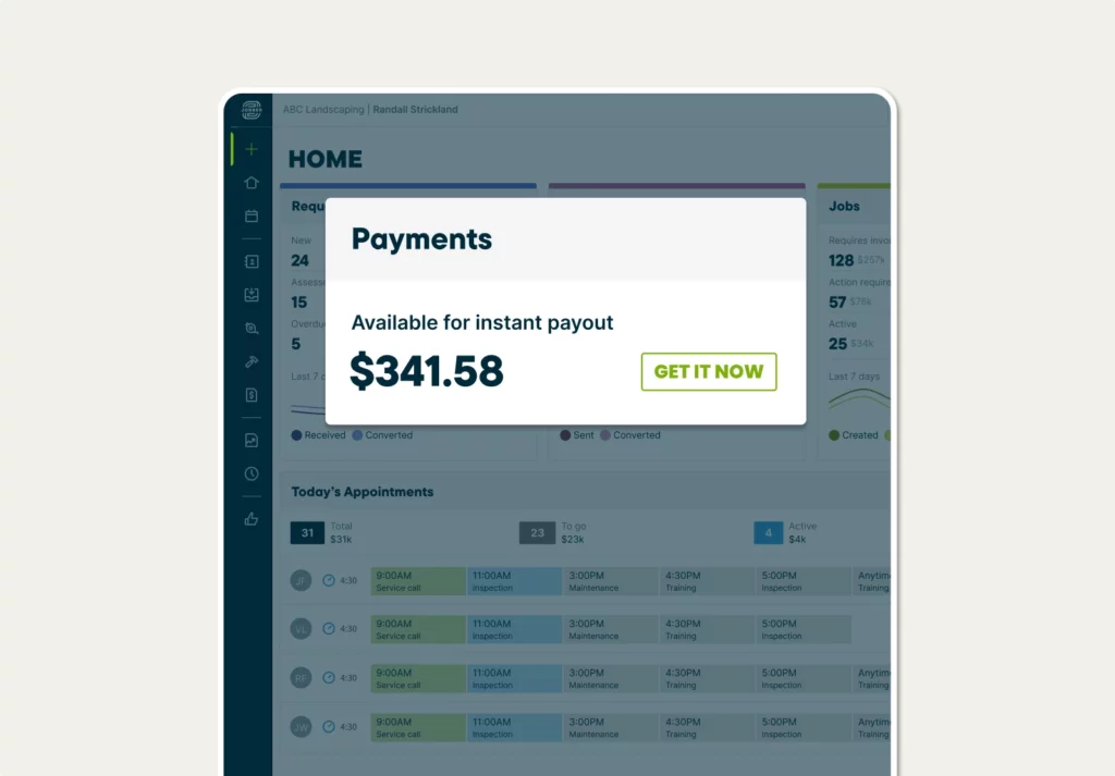 Payments report in Jobber showing how much money is available for instant payout