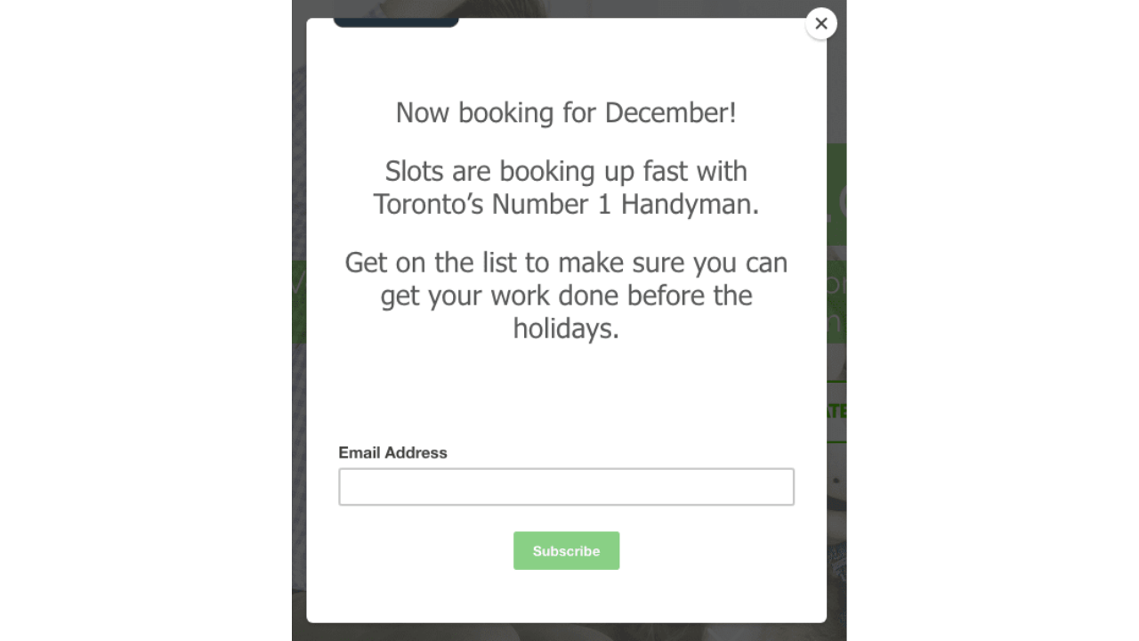 email capture pop op form by Odd Job service business