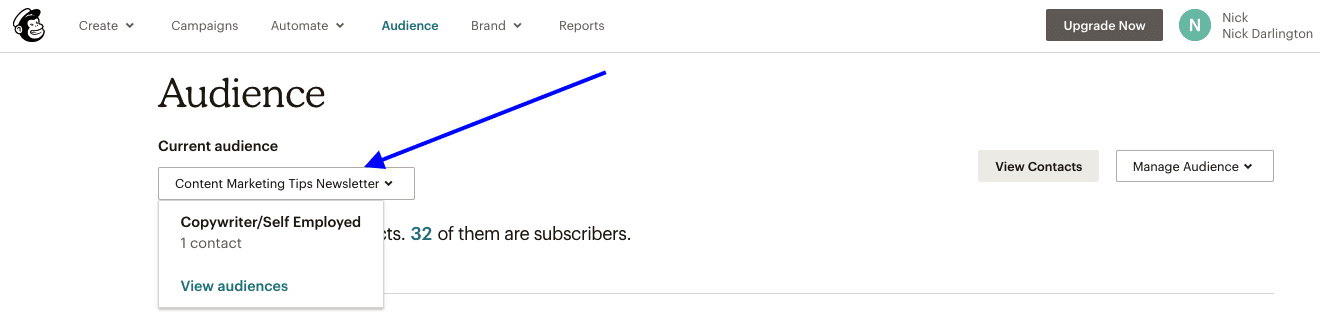 Selecting an audience in Mailchimp email marketing