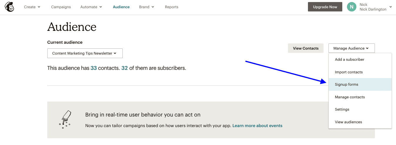 Select sign up forms in Mailchimp email marketing