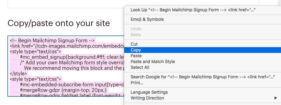 Copy and paste form code for Mailchimp email marketing