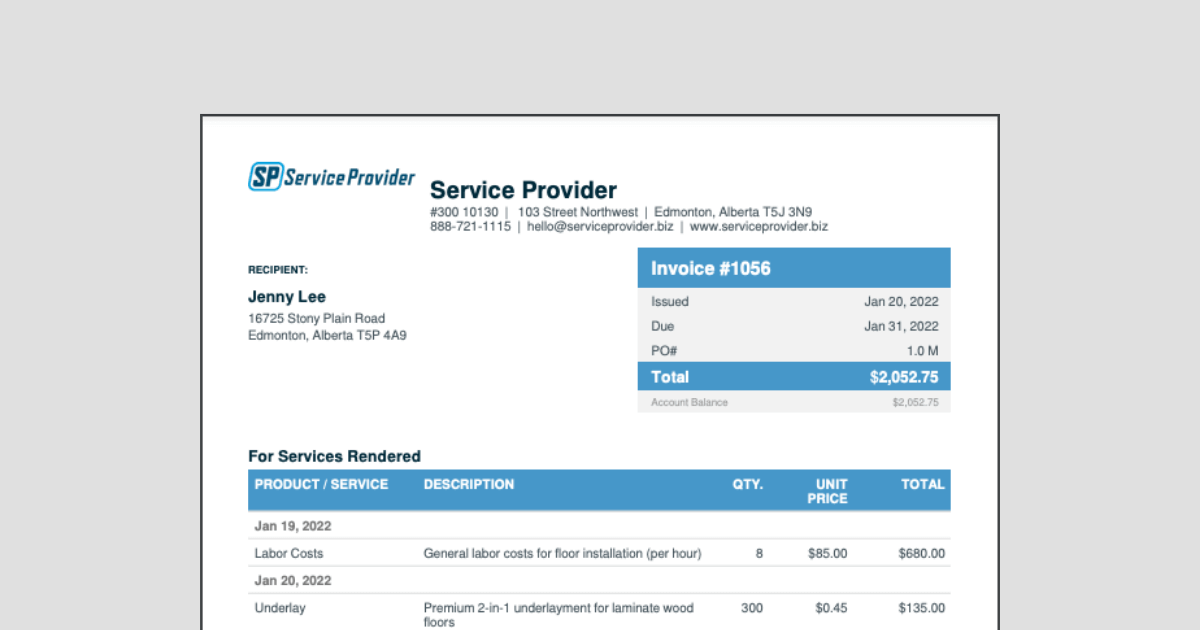 Preview of invoice template