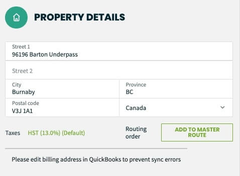 Example of property details for a client in QuickBooks and Jobber