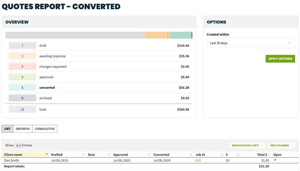 Quotes converted report in Jobber