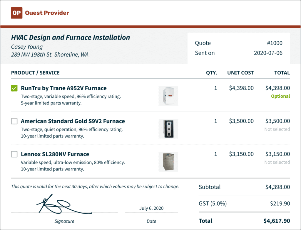 an HVAC estimate with optional estimates and images to help with closing the deal