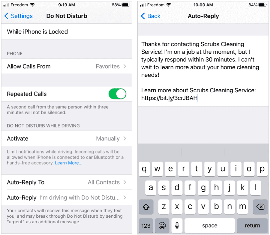 image of do not disturb and auto reply settings on iPhone