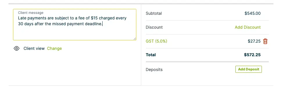 Editable late payment policy on a Jobber invoice