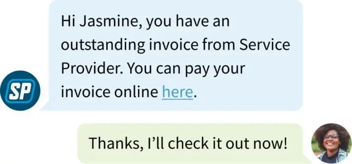 Jobber payment reminder text for an outstanding invoice