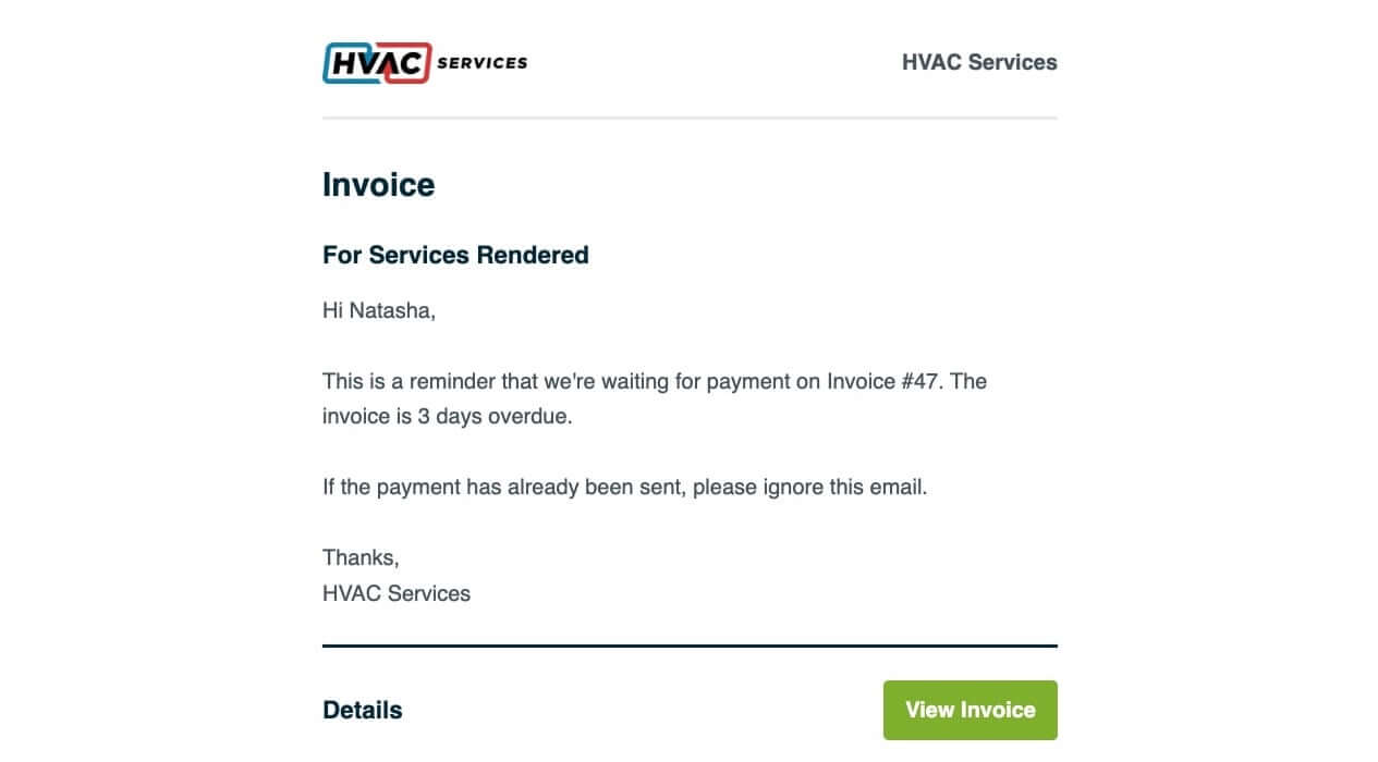 Overdue invoice payment reminder email example sent with Jobber