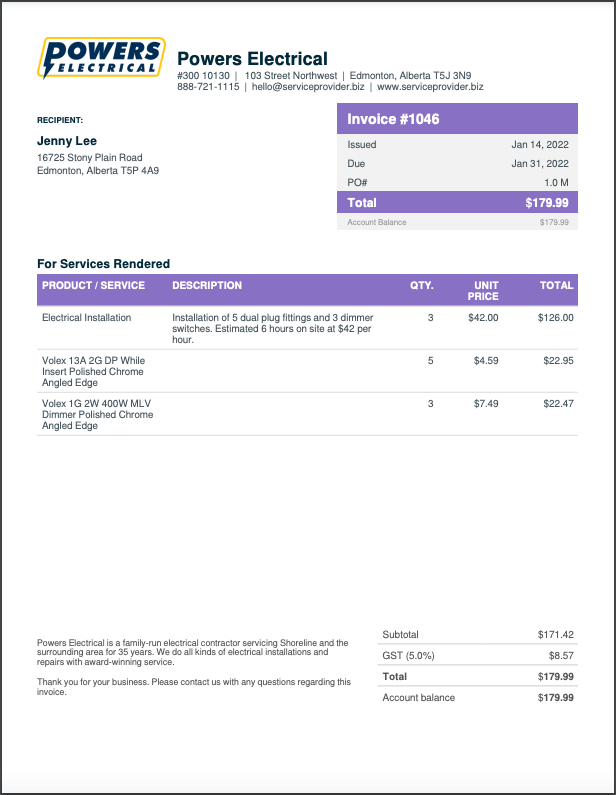 Free Electrical Invoice Template Edit Download Fast Jobber