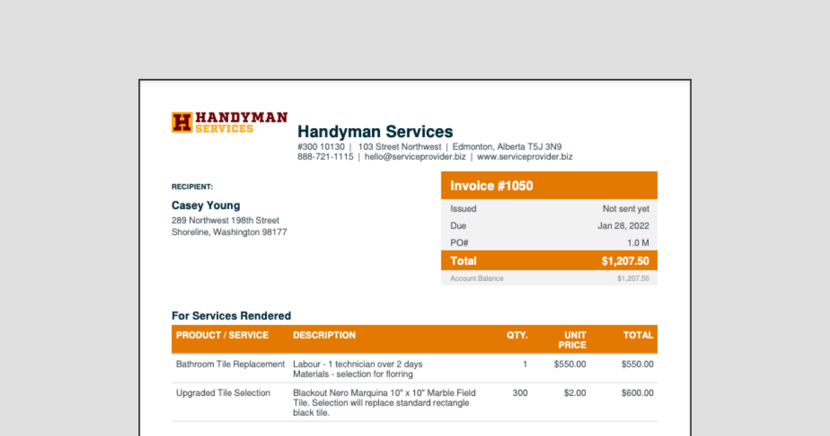 Free Handyman Invoice Template Edit & Download Jobber