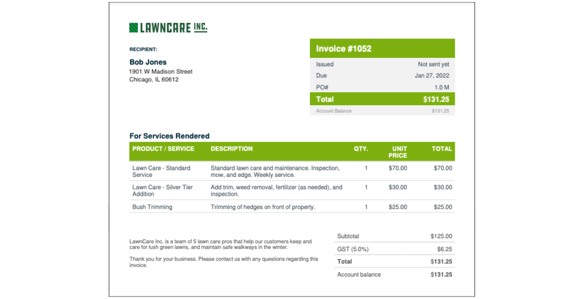  A professional invoice template for freelance services, featuring a modern design with a green and white color scheme and a lawn care business logo.