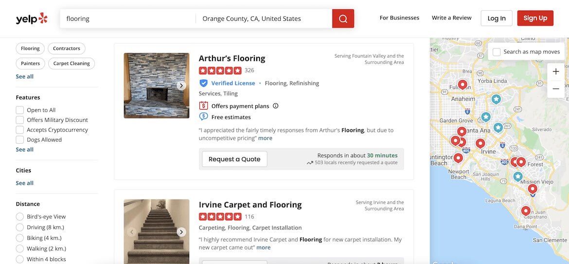 Flooring services search on Yelp