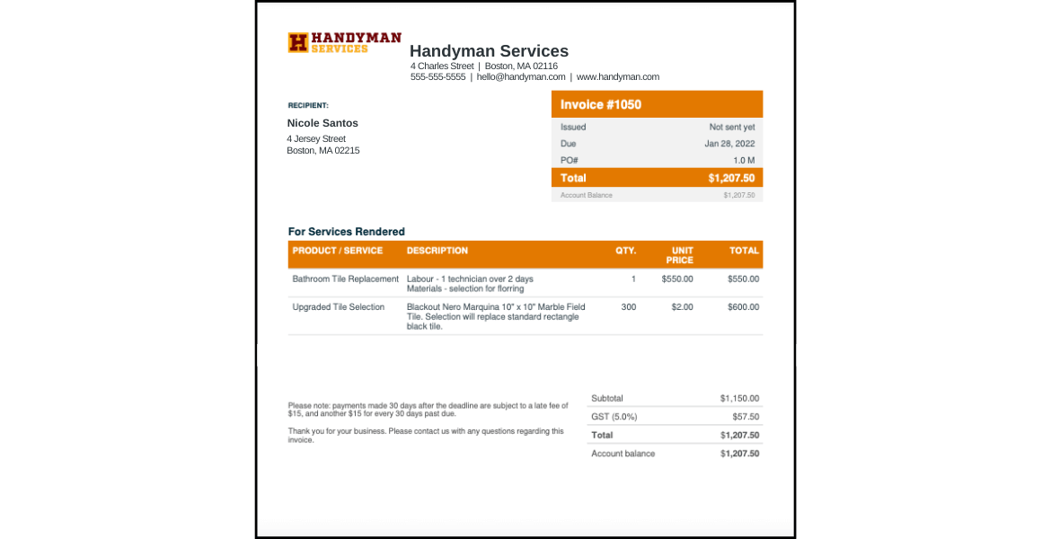 Free Handyman Invoice Template Edit & Download Jobber