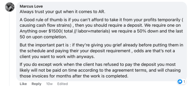 image of Facebook comment about accounts receivables