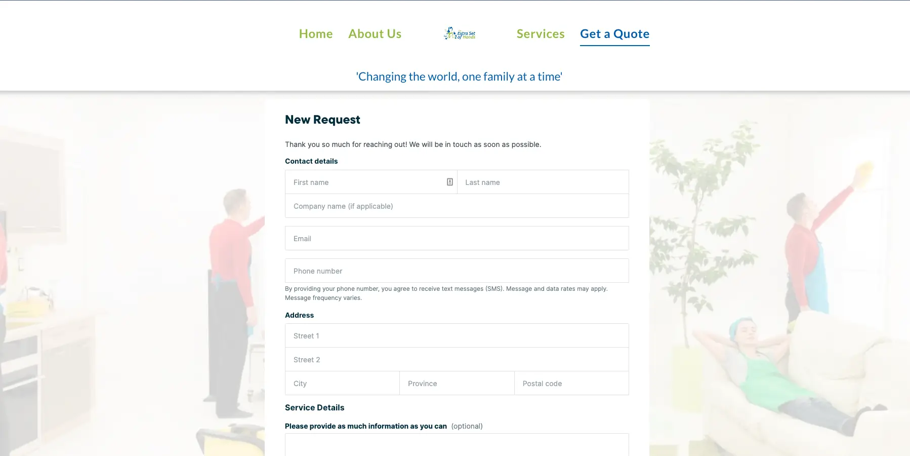 Quote request form example from An Extra Set of Hands website